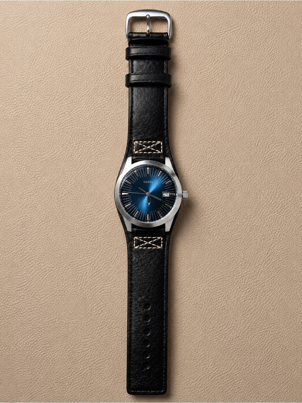 Guess Wristwatch Black Leather Strap Round Silver & Blue Face Date Needs Battery